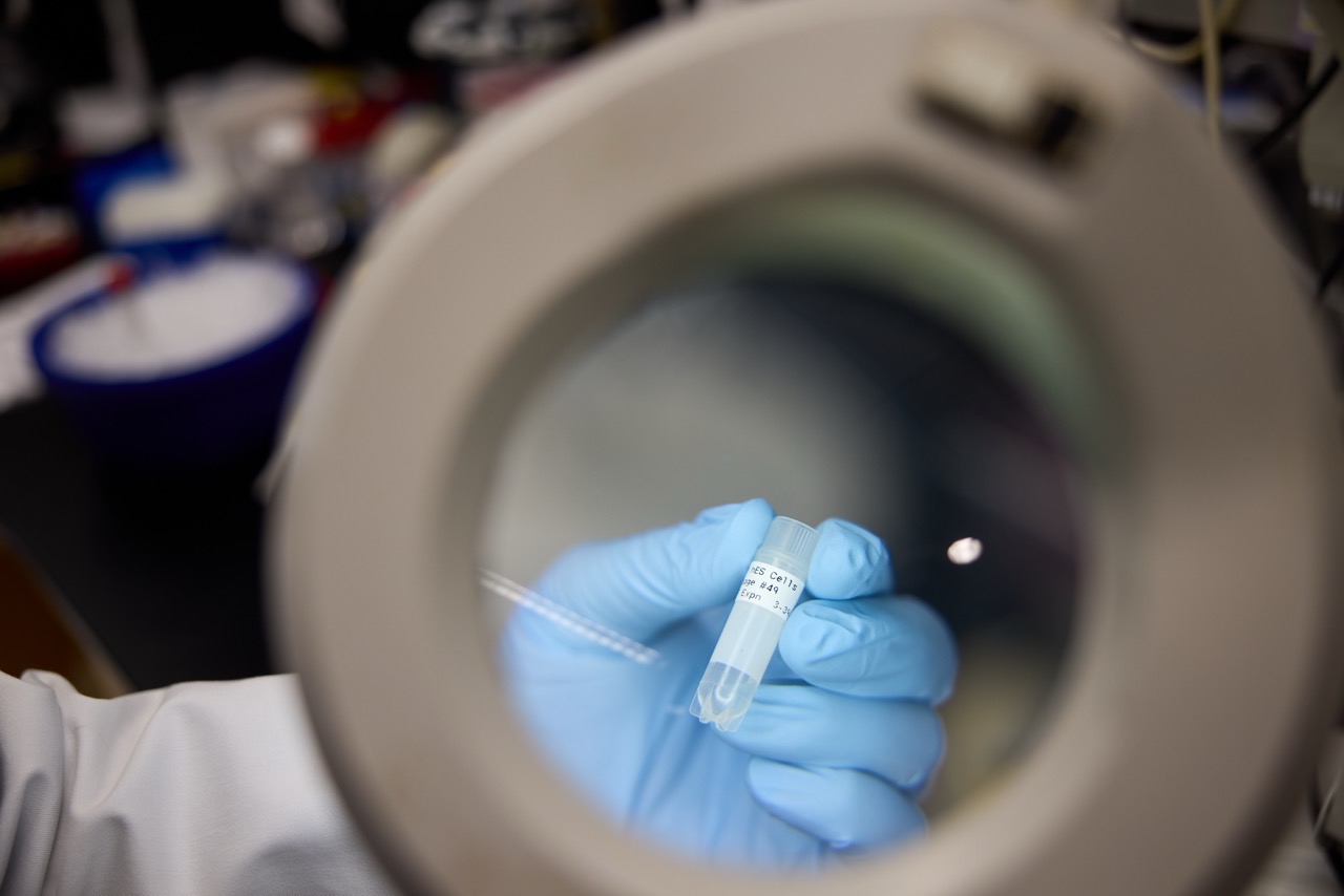 researcher holding a small test beaker and pipet under a magnifying glass