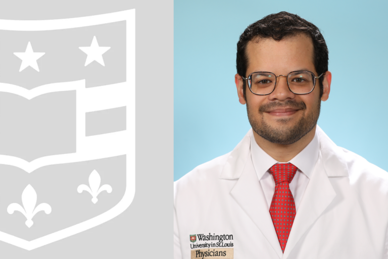 Dr. Samuel Urrutia, MD, MS, wearing a WashU Medicine lab coat and glasses, smiling against a light blue background.