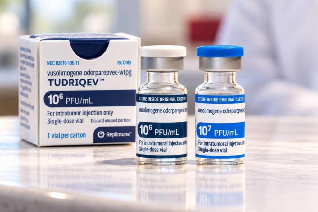 A carton and two single-dose vials of Tudriqev displayed on a surface.